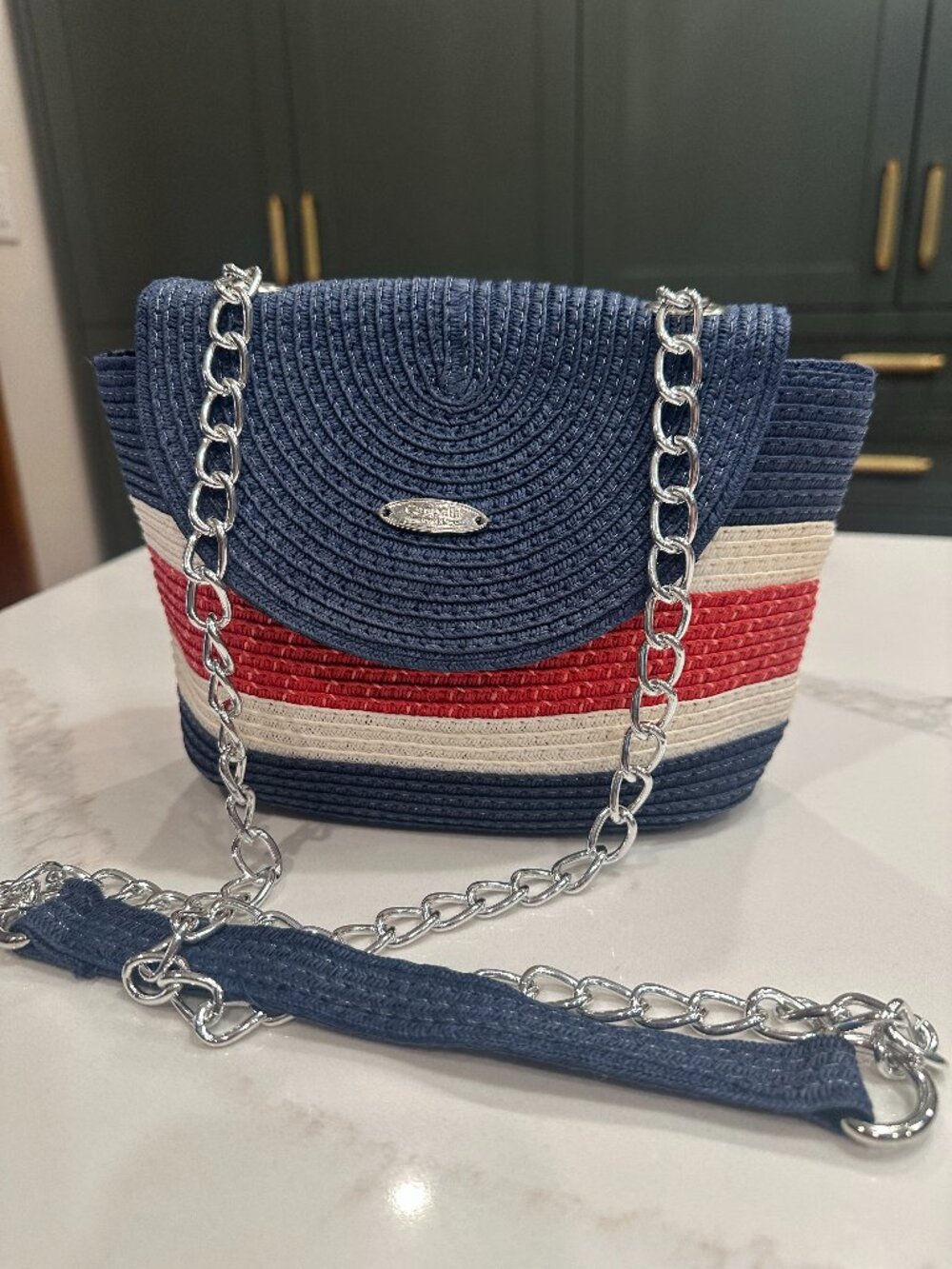 Cappelli Straworld Woven Red, White & Blue Handbag with Silver Strap